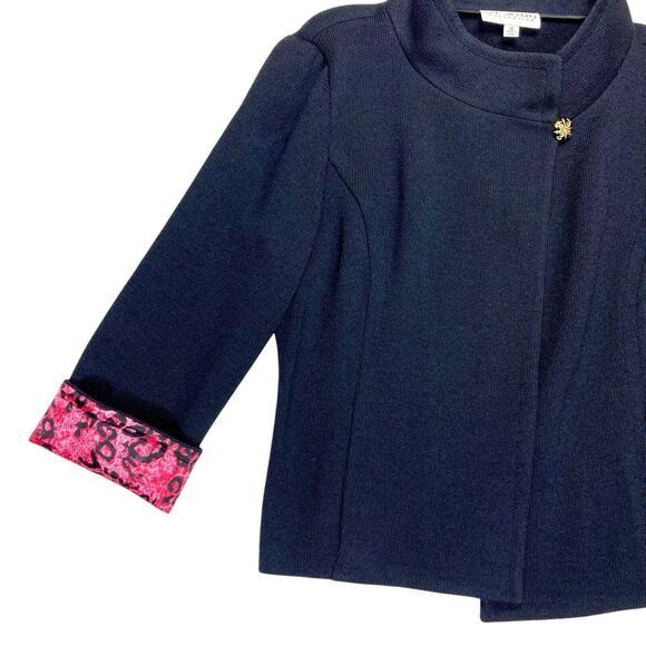 St. John Collection Jacket Women 12 Black Knit Silk Floral Trim Mock Neck Blazer - Picture 3 of 16